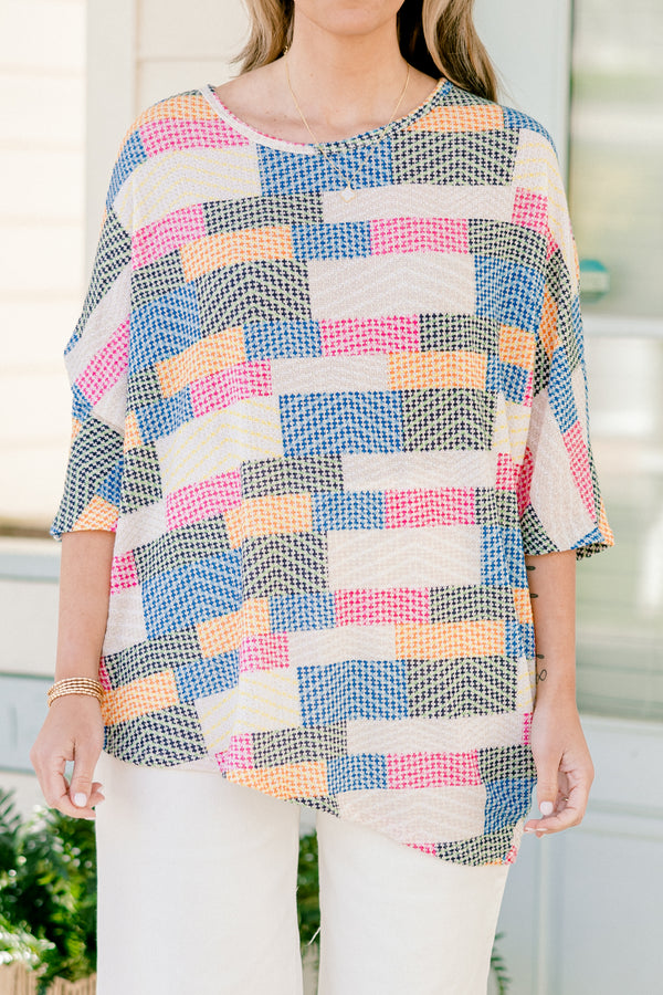 Chic Soul plus size clothing, quarter-sleeve multi-colored abstract striped top with a scoop-neckline