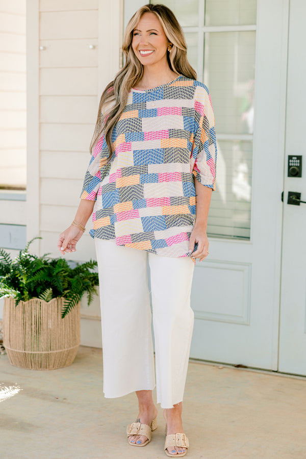 Chic Soul plus size clothing, quarter-sleeve multi-colored abstract striped top with a scoop-neckline