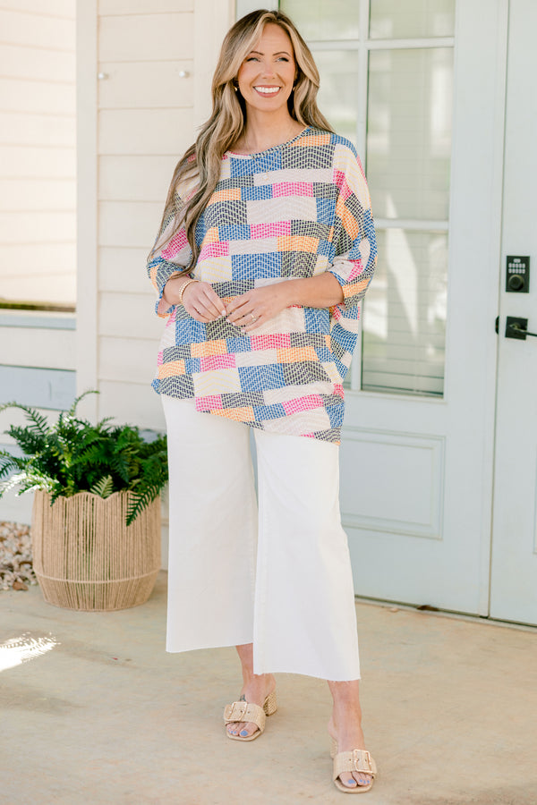 Chic Soul plus size clothing, quarter-sleeve multi-colored abstract striped top with a scoop-neckline