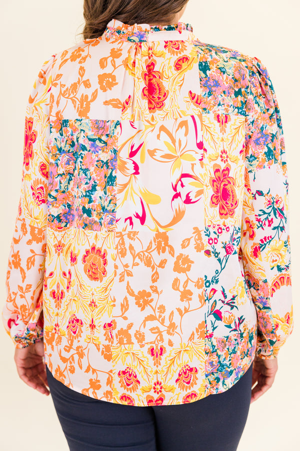 Chic Soul plus size clothing, multi floral print long sleeve top with v cutout along neckline with cuff sleeves with collar detail