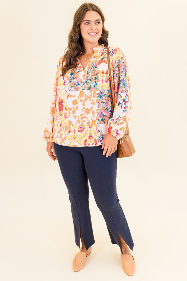 Chic Soul plus size clothing, multi floral print long sleeve top with v cutout along neckline with cuff sleeves with collar detail