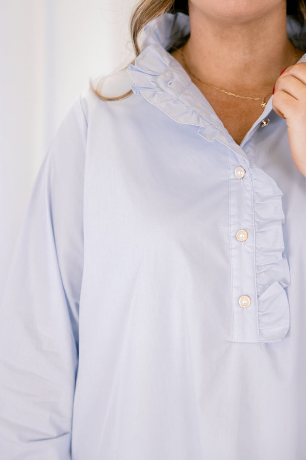 Chic Soul plus size clothing, light blue long sleeve straight cut dress with pearl button up ruffle collar and ruffle detailing around the bottom