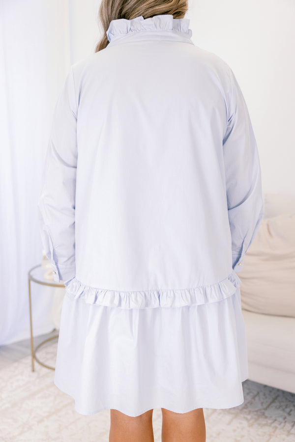 Chic Soul plus size clothing, light blue long sleeve straight cut dress with pearl button up ruffle collar and ruffle detailing around the bottom