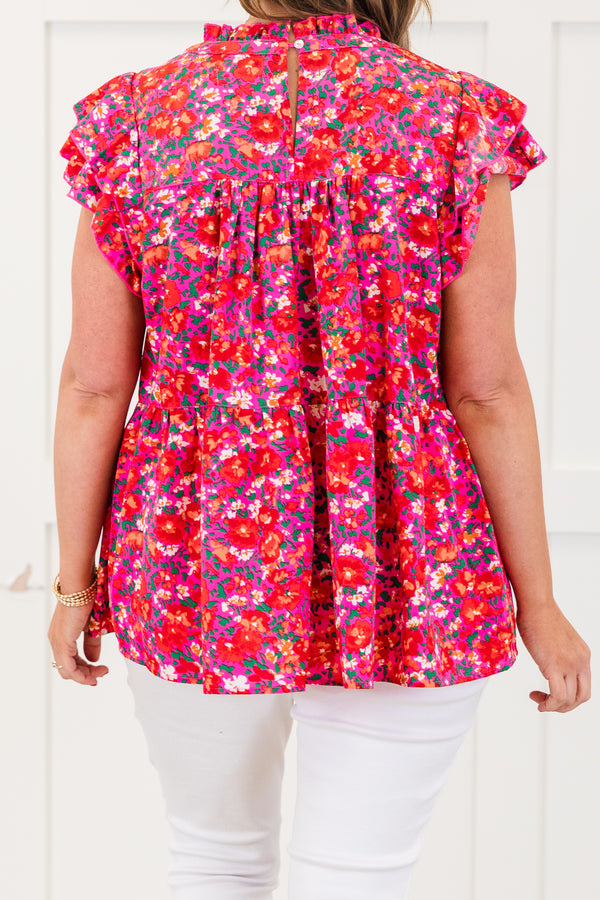 Chic Soul plus size clothing, pink short sleeve flowy top with tiered ruffle detailed sleeves with mock neckline with ruffle with multicolored floral print
