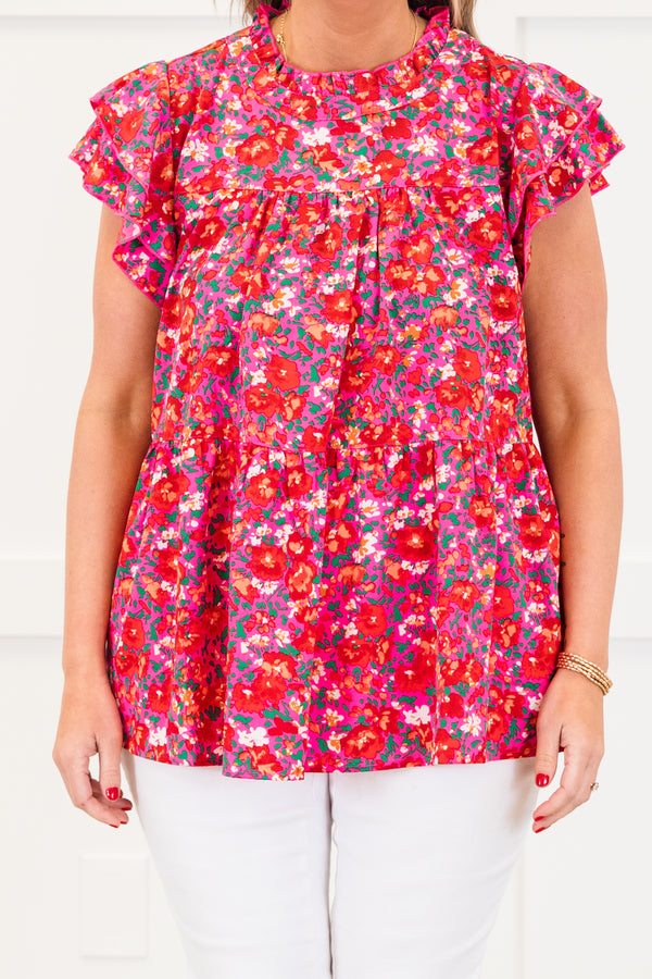 Chic Soul plus size clothing, pink short sleeve flowy top with tiered ruffle detailed sleeves with mock neckline with ruffle with multicolored floral print