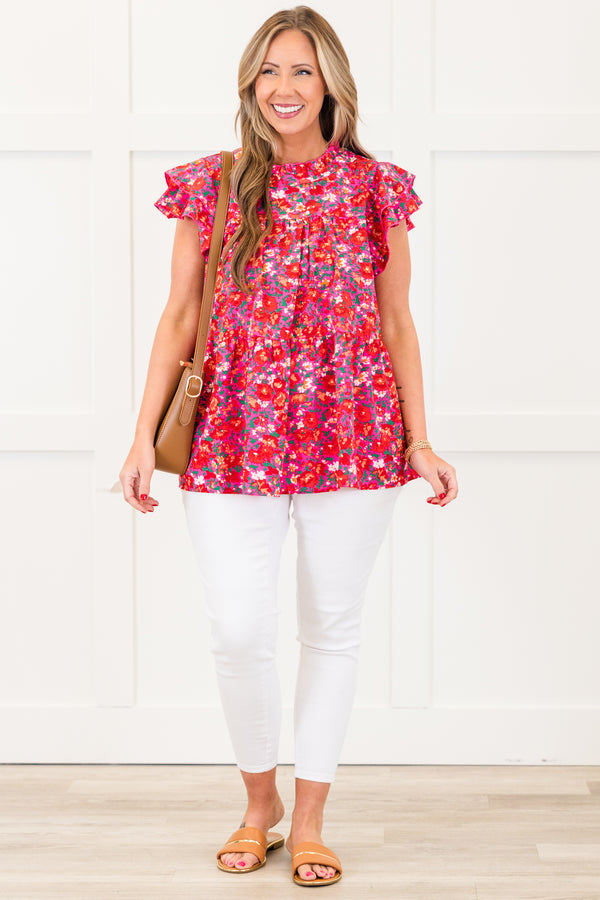 Chic Soul plus size clothing, pink short sleeve flowy top with tiered ruffle detailed sleeves with mock neckline with ruffle with multicolored floral print