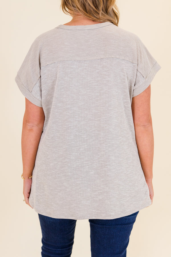 Chic Soul plus size clothing, sand plain waffle knit short sleeve top with cuffed sleeves and outer stitching detail along shoulders 
