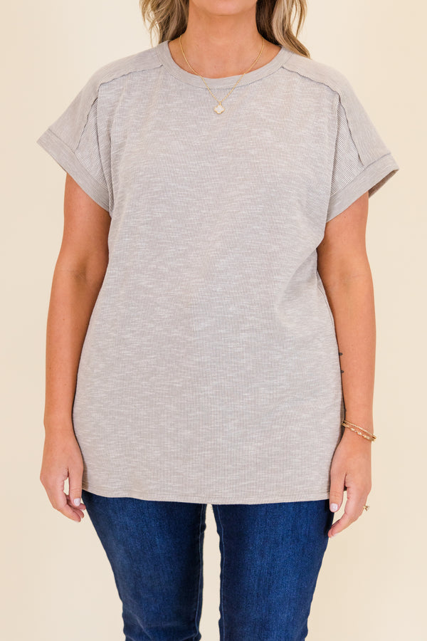 Chic Soul plus size clothing, sand plain waffle knit short sleeve top with cuffed sleeves and outer stitching detail along shoulders 
