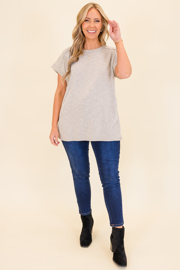 Chic Soul plus size clothing, sand plain waffle knit short sleeve top with cuffed sleeves and outer stitching detail along shoulders 