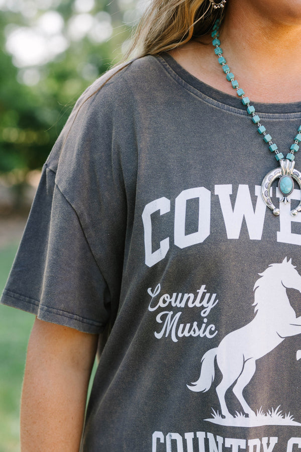 Plus Size charcoal t-shirt dress with a white cowboy horse graphic and short sleeves.