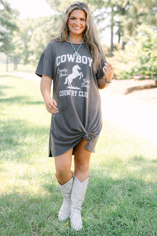 Plus Size charcoal t-shirt dress with a white cowboy horse graphic and short sleeves.