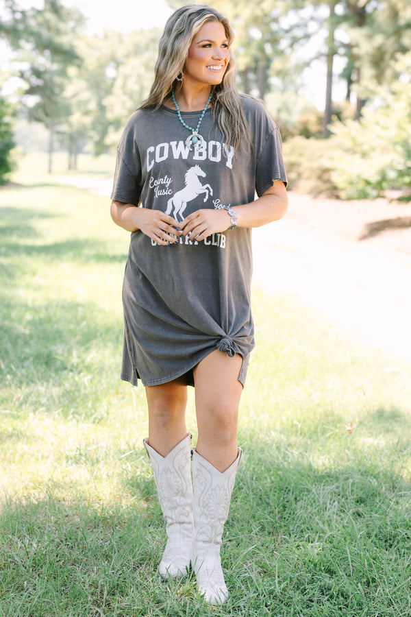 Plus Size charcoal t-shirt dress with a white cowboy horse graphic and short sleeves.