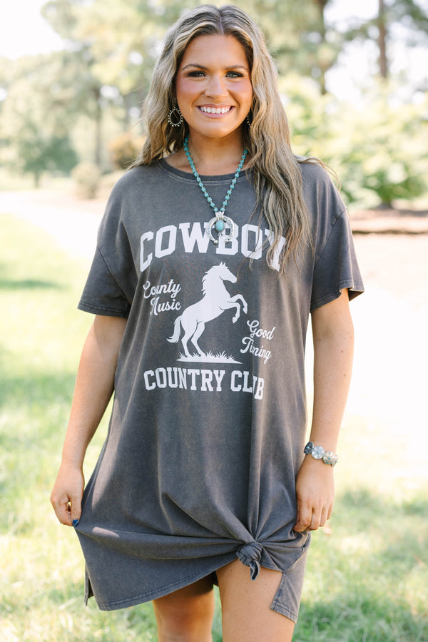 Plus size charcoal t-shirt dress with a white cowboy horse graphic and a relaxed, flowy fit.