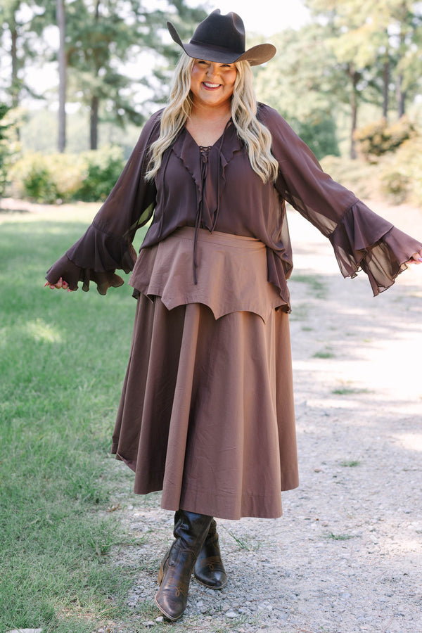 Plus Size brown 100% cotton midi skirt with a layered, pointed peplum waist and flared silhouette.