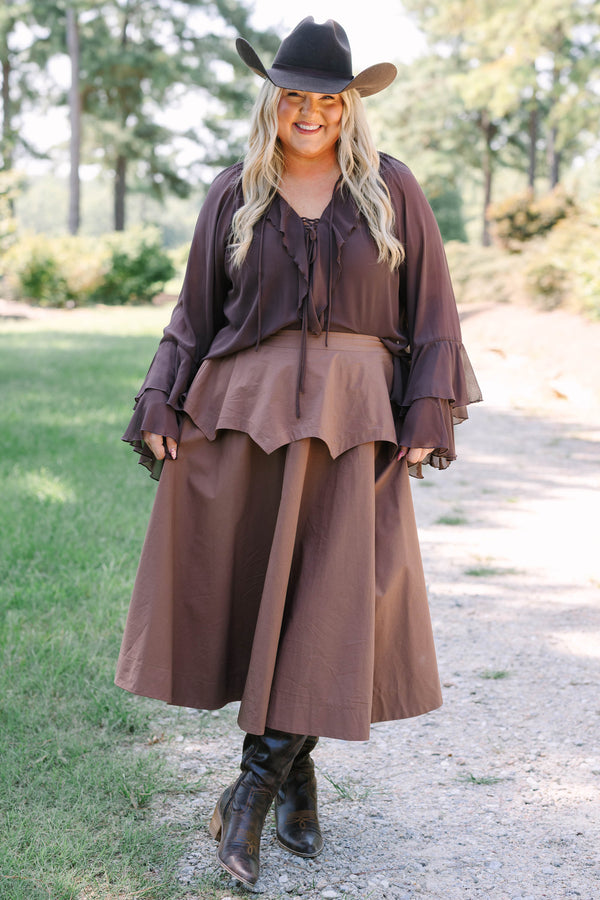 Plus Size brown 100% cotton midi skirt with a layered, pointed peplum waist and flared silhouette.
