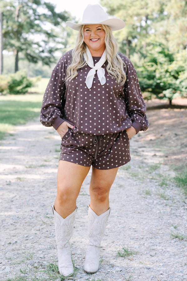 Plus Size brown polka dot shorts with a drawstring waist and matching long sleeve top.