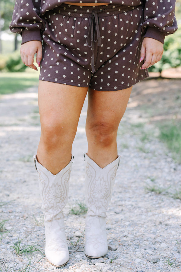 Plus Size brown polka dot shorts with a drawstring waist and matching long sleeve top.