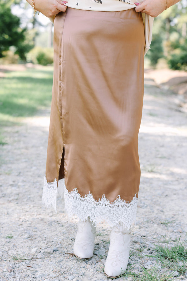 Plus Size brown satin midi skirt with a white lace hem and side slit.
