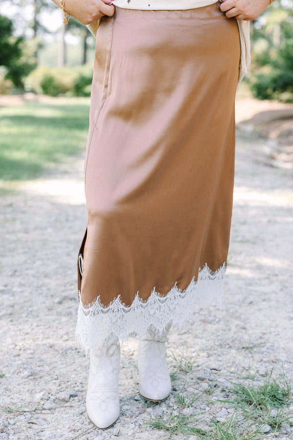 Plus Size brown satin midi skirt with a white lace hem and side slit.