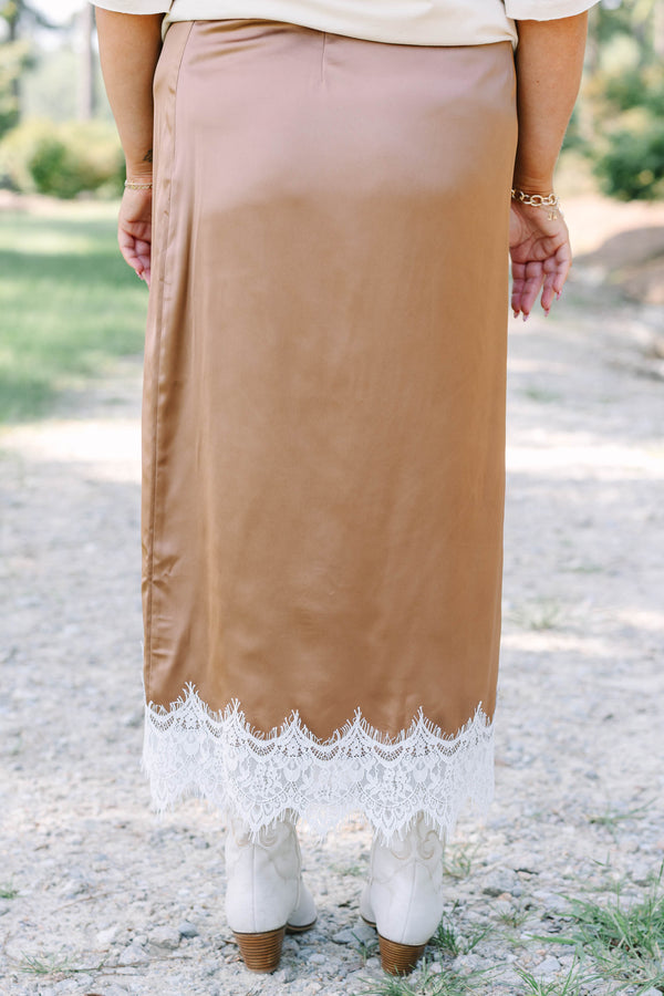 Plus Size brown satin midi skirt with a white lace hem and side slit.