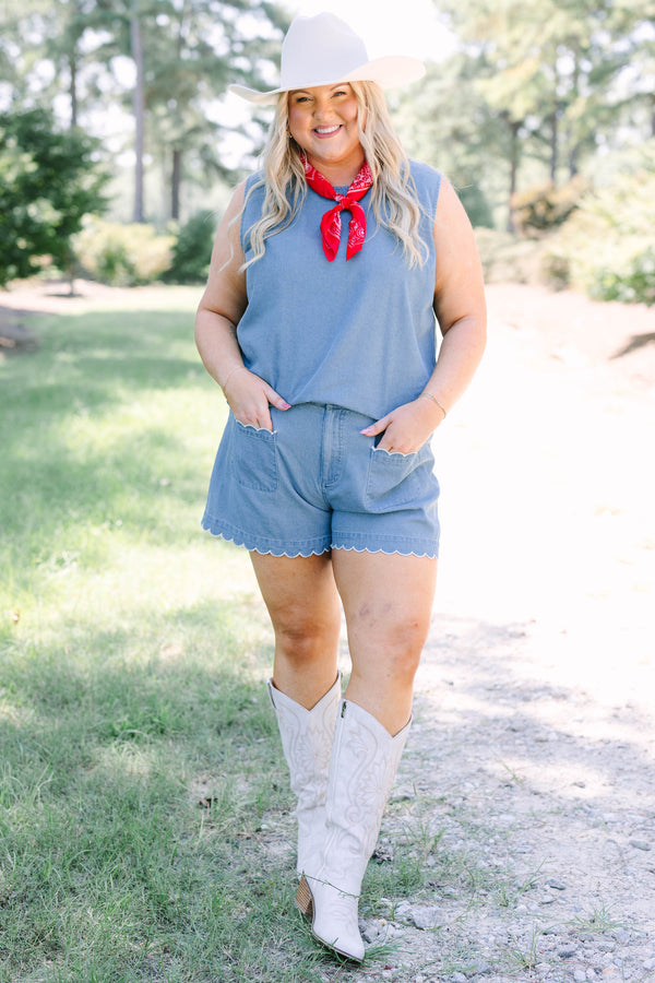 Plus Size sleeveless denim tank top and matching shorts with white scalloped trim.