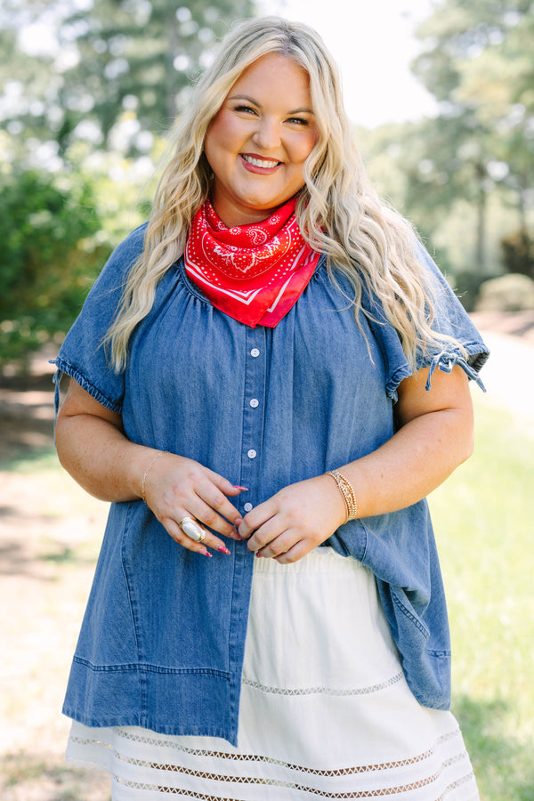 Plus Size denim tunic with short tie-sleeves, button-down front, and a relaxed fit.