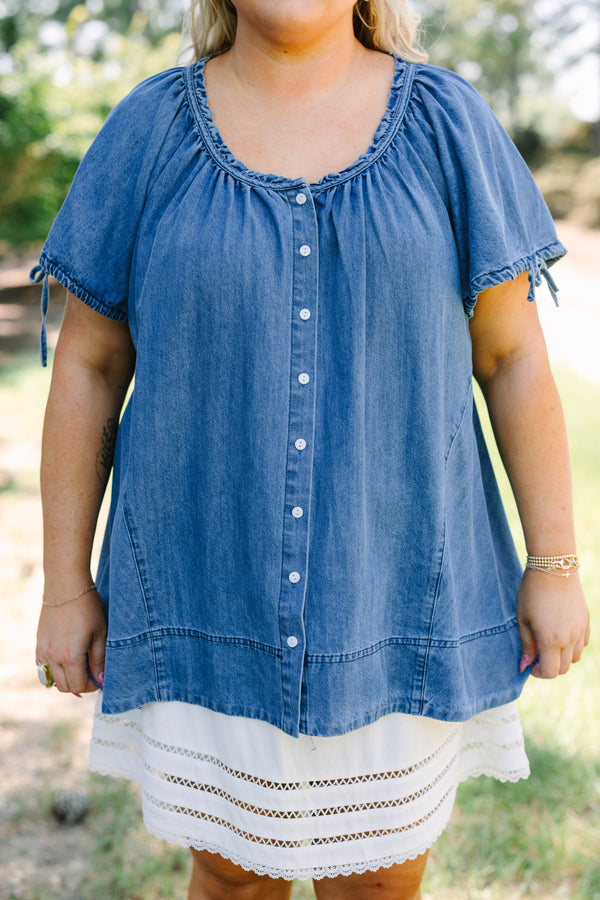 Plus Size denim tunic with short tie-sleeves, button-down front, and a relaxed fit.