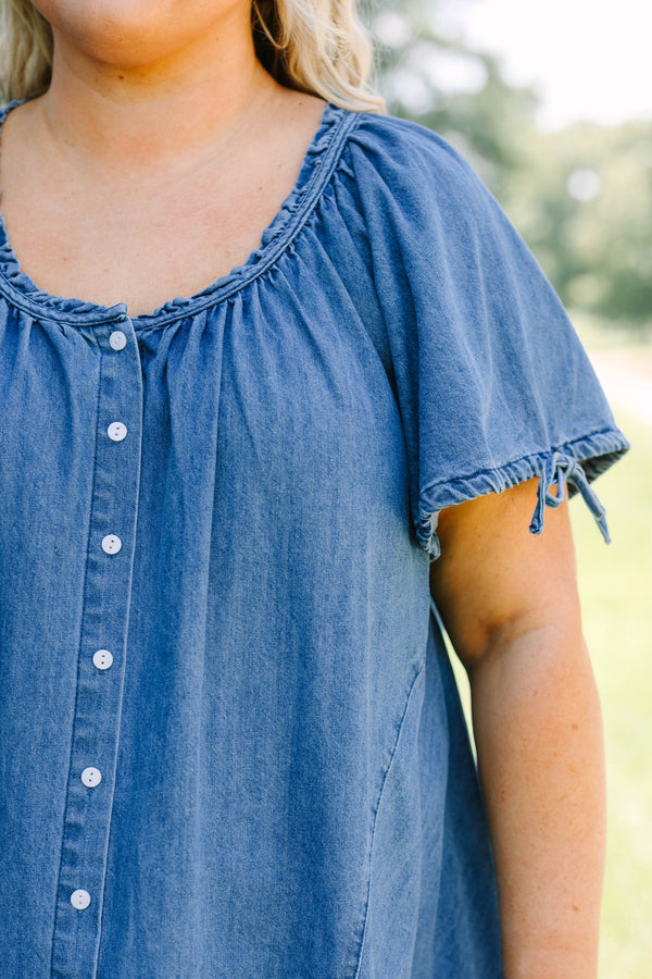 Plus Size denim tunic with short tie-sleeves, button-down front, and a relaxed fit.