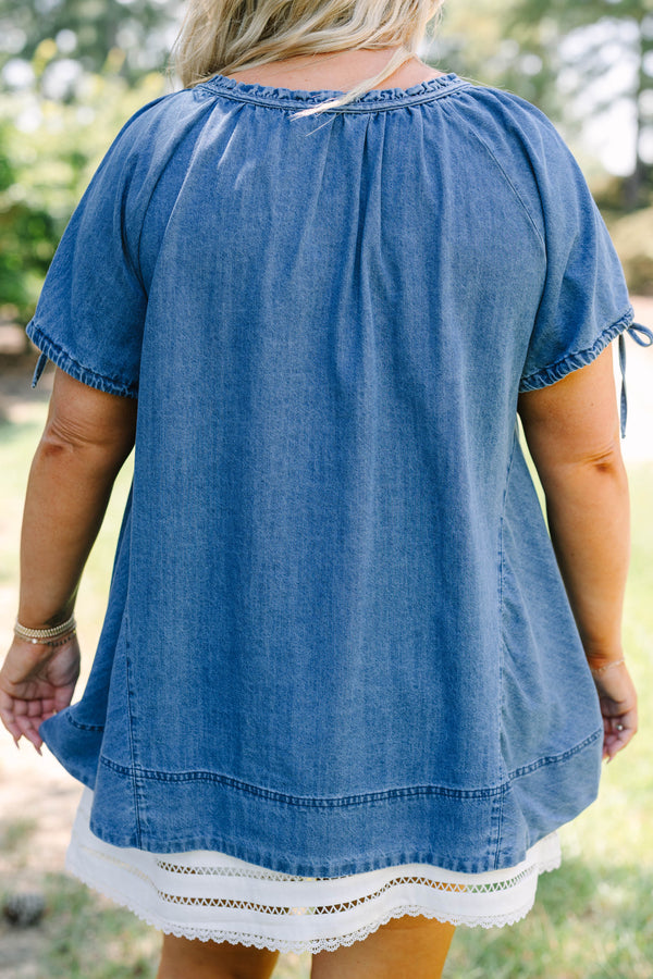 Plus Size denim tunic with short tie-sleeves, button-down front, and a relaxed fit.