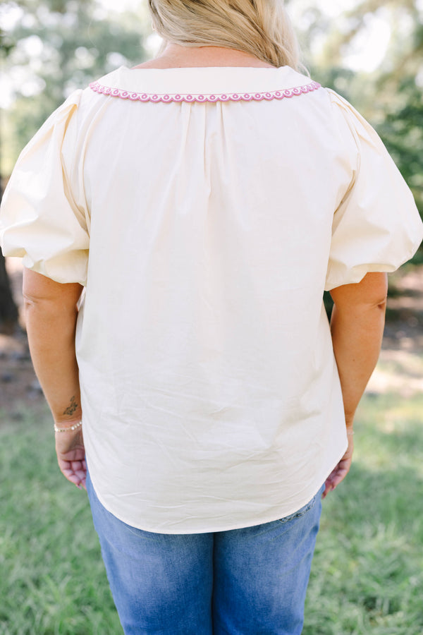 Plus Size cream cotton button-up top with puff sleeves and a pink floral embroidered collar.