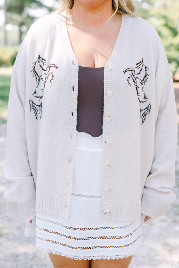 Plus Size tan knit cardigan with horse embroidery, button front, and long sleeves.