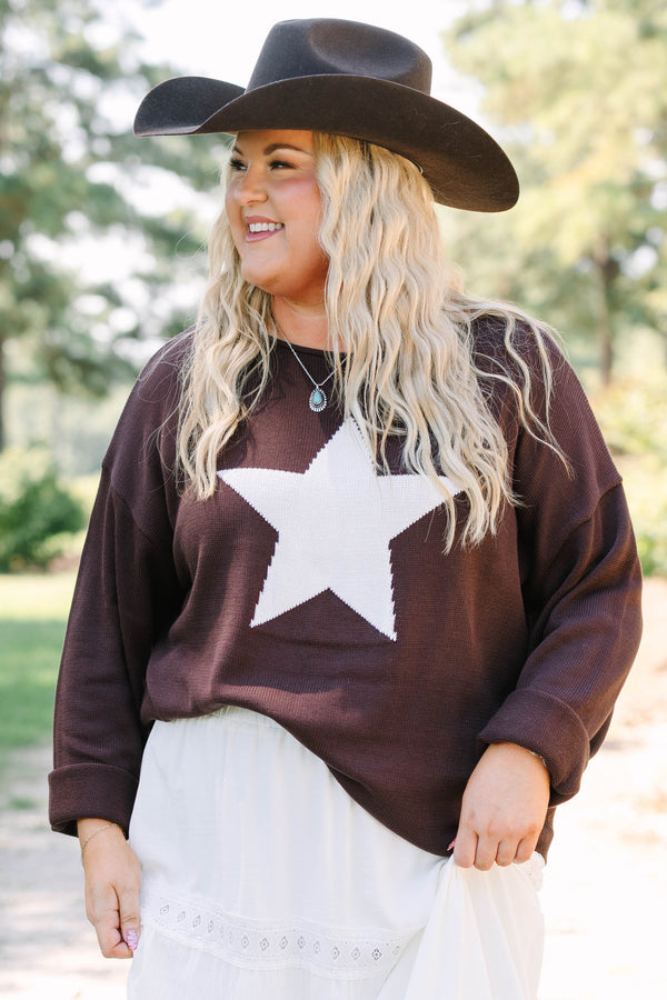 Plus Size brown knit sweater with a large white star on the front and long sleeves.