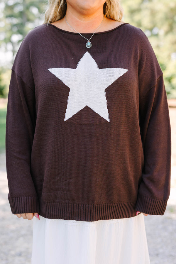 Plus Size brown knit sweater with a large white star on the front and long sleeves.