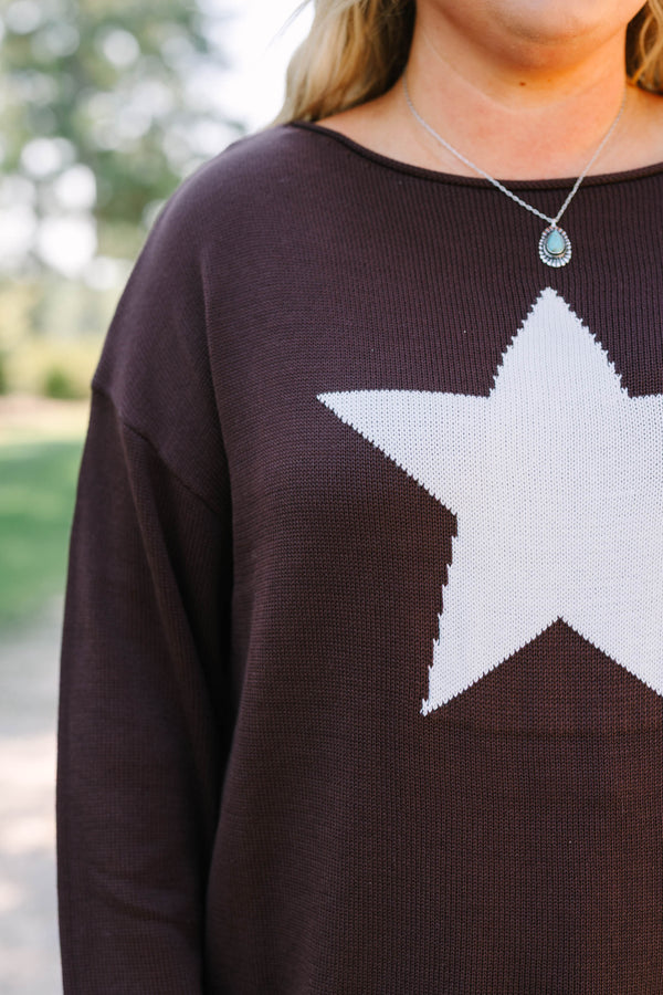 Plus Size brown knit sweater with a large white star on the front and long sleeves.