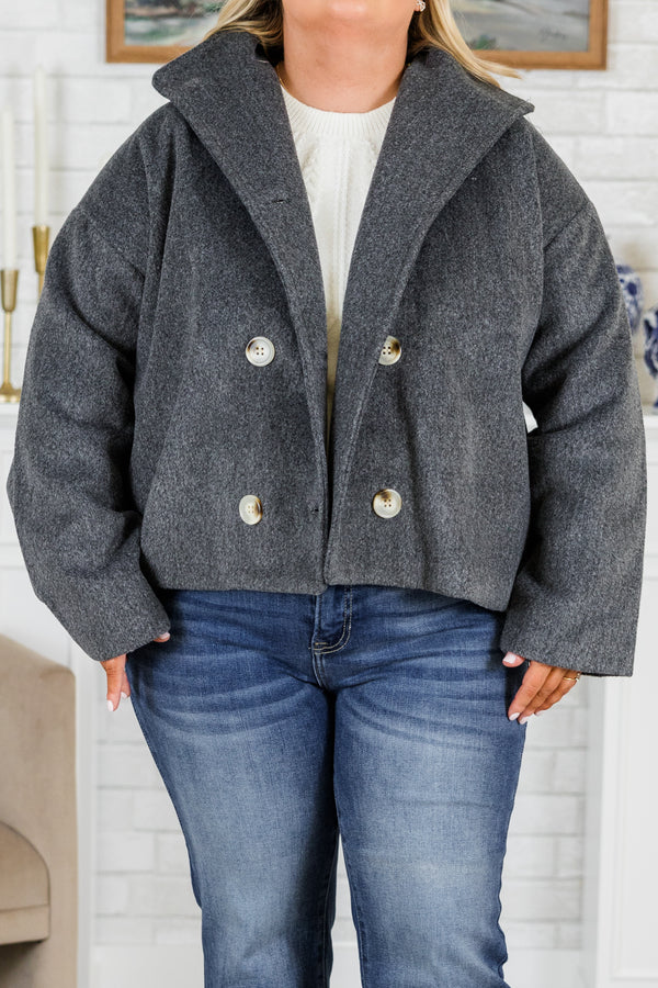 Chic Soul plus size clothing, long-sleeve faux wool blend buttoned gray pea coat with tortoise button detailing