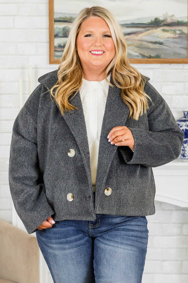 Chic Soul plus size clothing, long-sleeve faux wool blend buttoned gray pea coat with tortoise button detailing