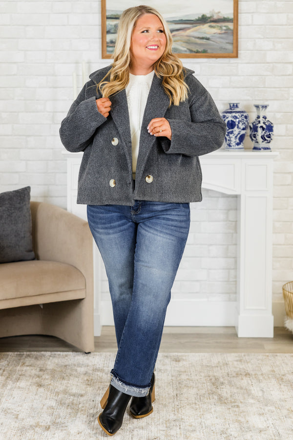 Chic Soul plus size clothing, long-sleeve faux wool blend buttoned gray pea coat with tortoise button detailing