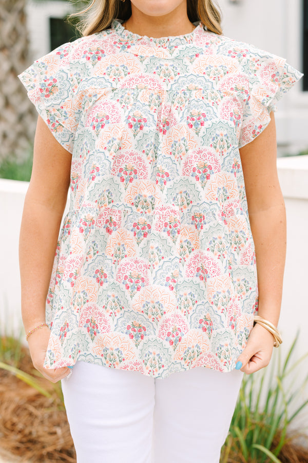 Chic Soul plus size clothing, pink and white top with flutter sleeves and a multi-color floral block pattern 