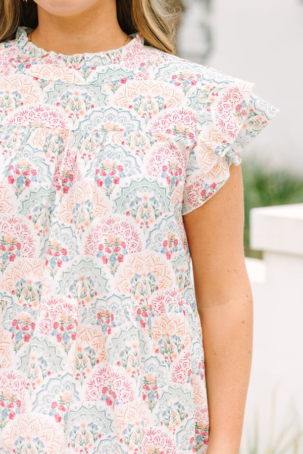 Chic Soul plus size clothing, pink and white top with flutter sleeves and a multi-color floral block pattern 