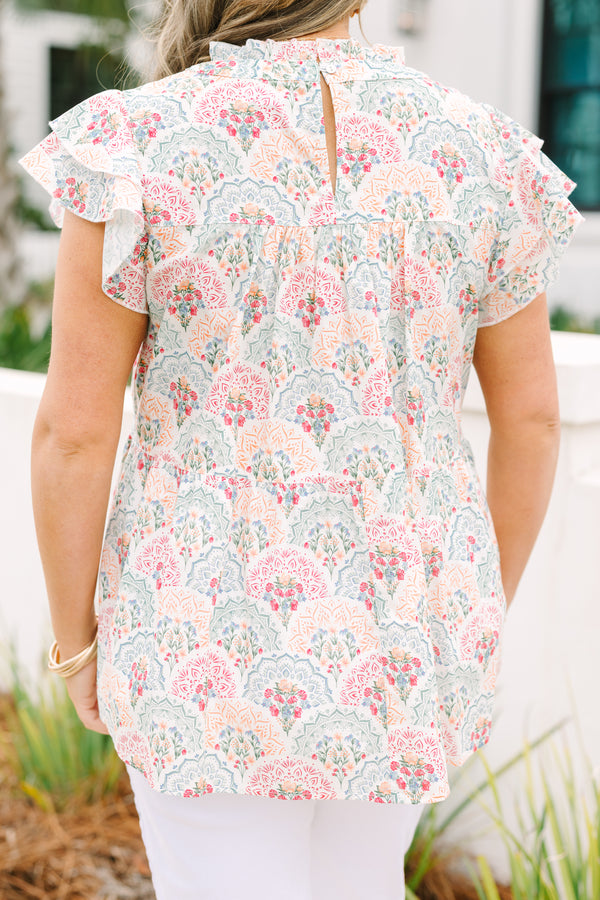 Chic Soul plus size clothing, pink and white top with flutter sleeves and a multi-color floral block pattern 