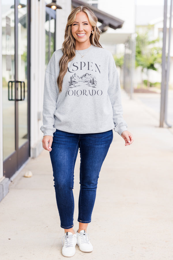 Chic Soul plus size clothing, long-sleeve heather grey crewneck pullover with graphic of mountain scene stating 