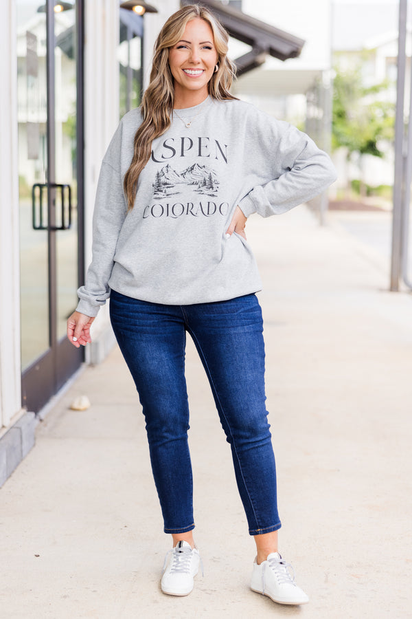 Chic Soul plus size clothing, long-sleeve heather grey crewneck pullover with graphic of mountain scene stating 