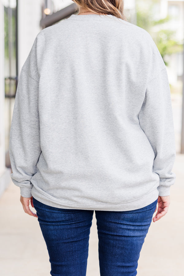 Chic Soul plus size clothing, long-sleeve heather grey crewneck pullover with graphic of mountain scene stating 