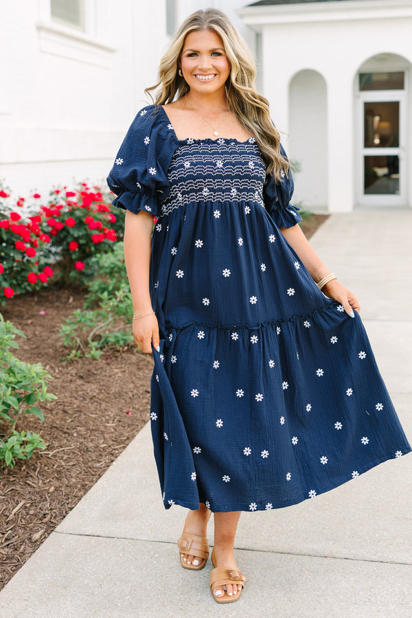 Chic Soul plus size clothing, navy maxi dress with floral embroidery