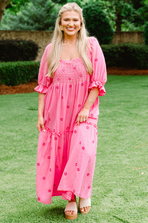 Chic Soul plus size clothing, hot pink  bubble sleeve maxi dress with embroidered dark pink flowers and ruched top