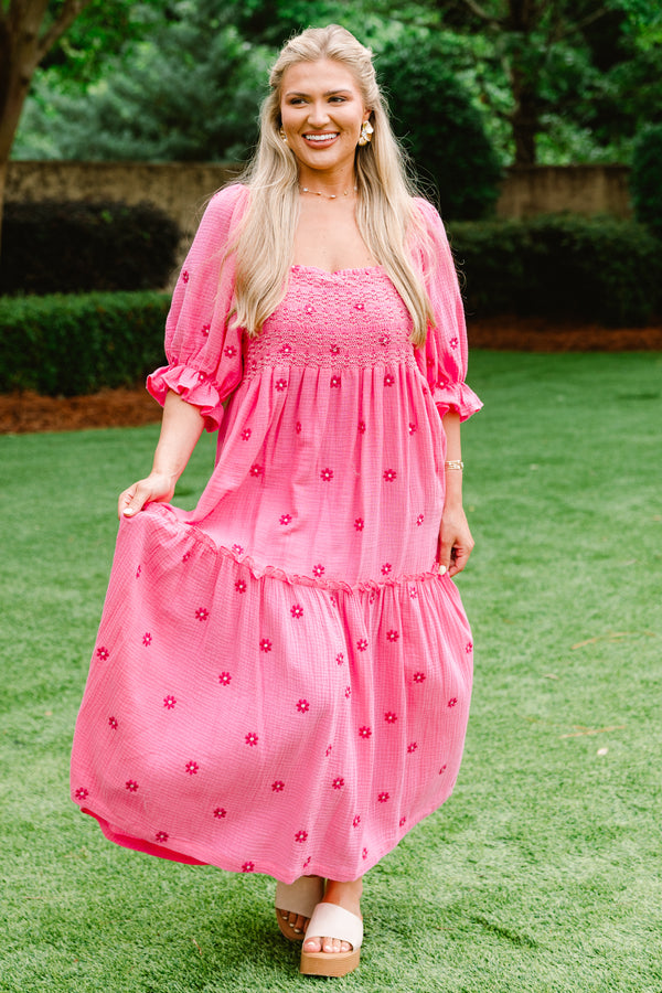 Chic Soul plus size clothing, hot pink  bubble sleeve maxi dress with embroidered dark pink flowers and ruched top
