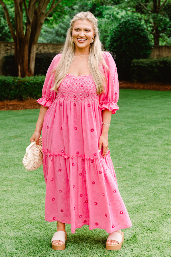 Chic Soul plus size clothing, hot pink  bubble sleeve maxi dress with embroidered dark pink flowers and ruched top