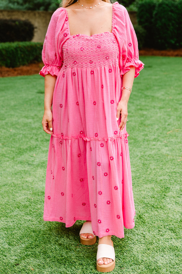 Chic Soul plus size clothing, hot pink  bubble sleeve maxi dress with embroidered dark pink flowers and ruched top