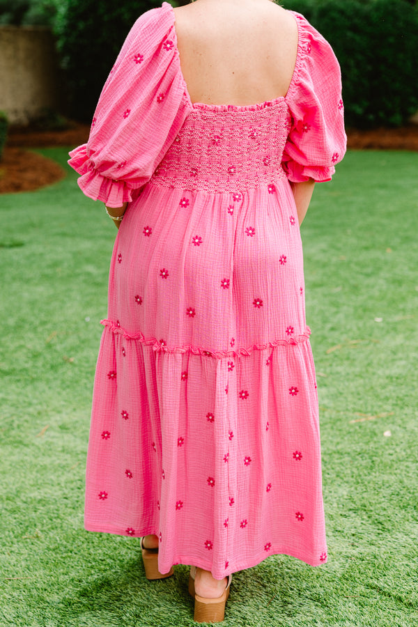 Chic Soul plus size clothing, hot pink  bubble sleeve maxi dress with embroidered dark pink flowers and ruched top