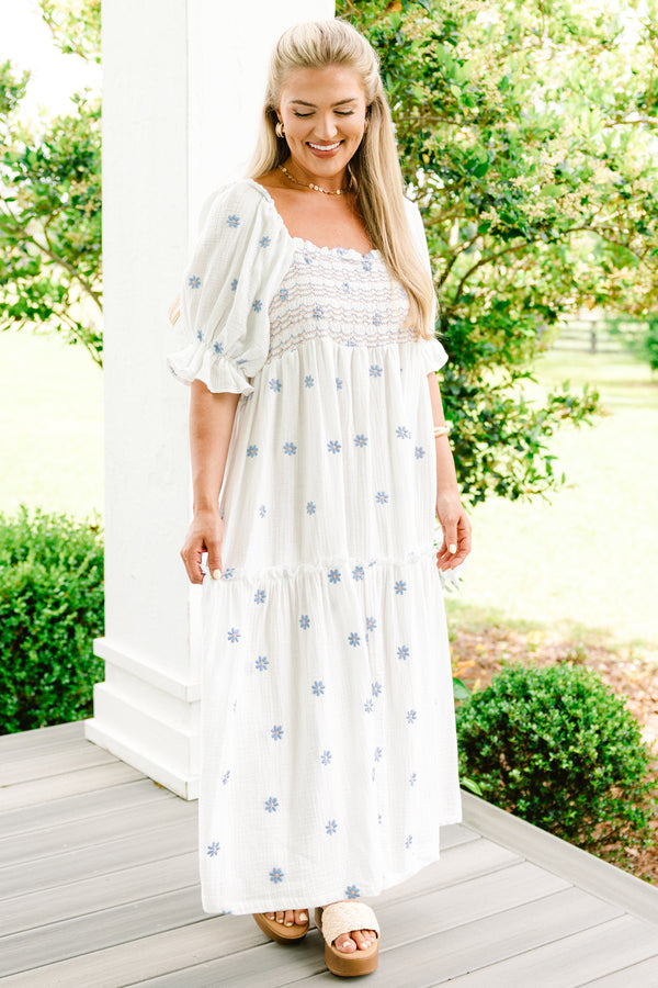 Chic  Soul plus size clothing, white midi dress with blue floral embroidered details and bubble sleeves